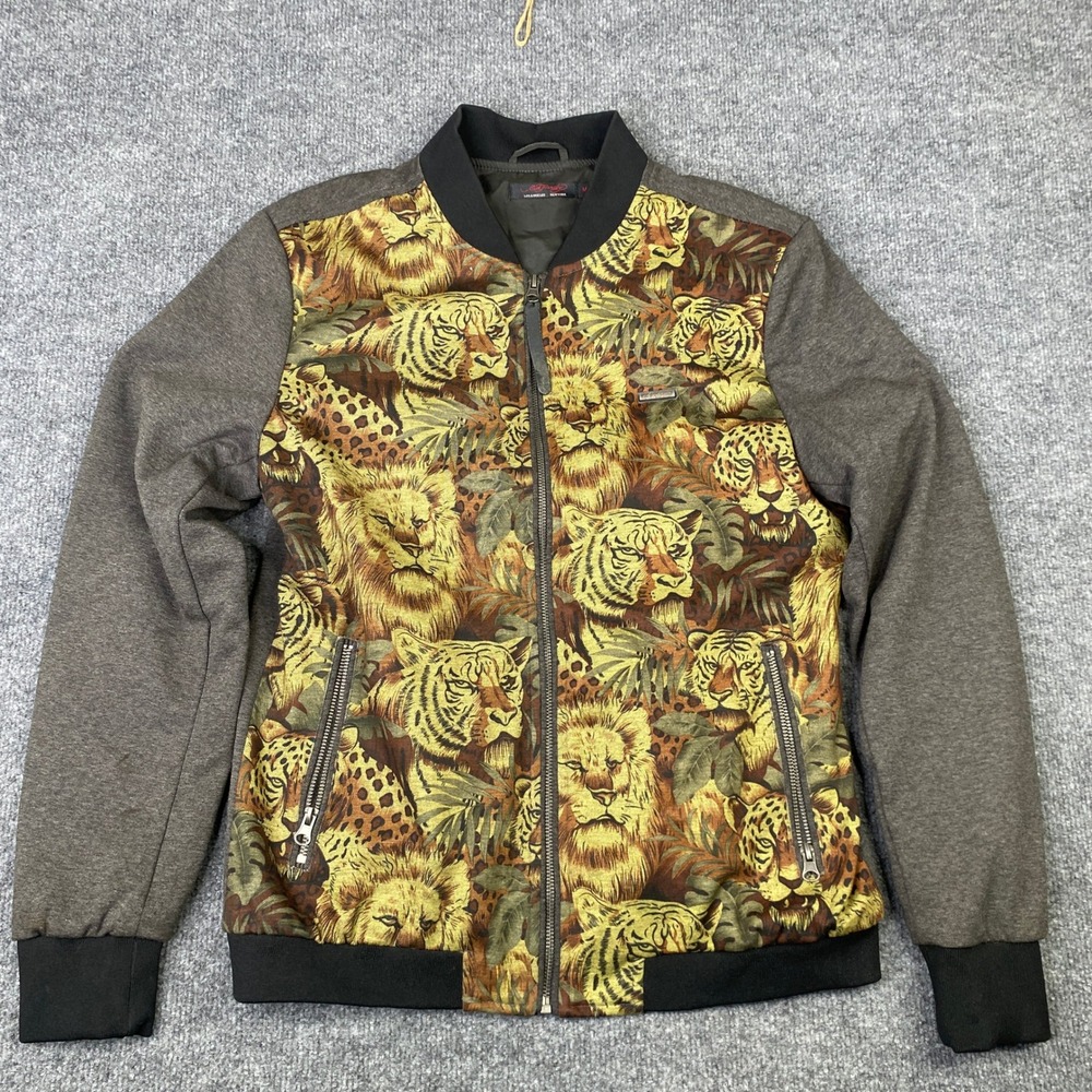 Ed Hardy Mens Jungle Cat Print Bomber Jacket Grey Brown Tiger Lion EHJK0045 M